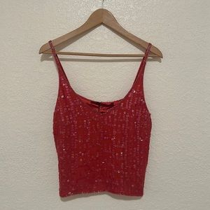 100% Silk - Pink Sequin & Beaded Crop Tank Top